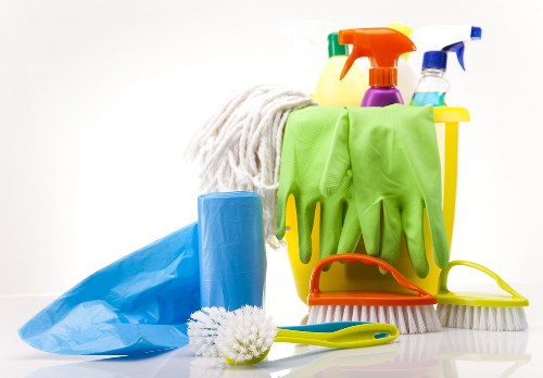 Cleaner assessing a flat for safety hazards before starting work